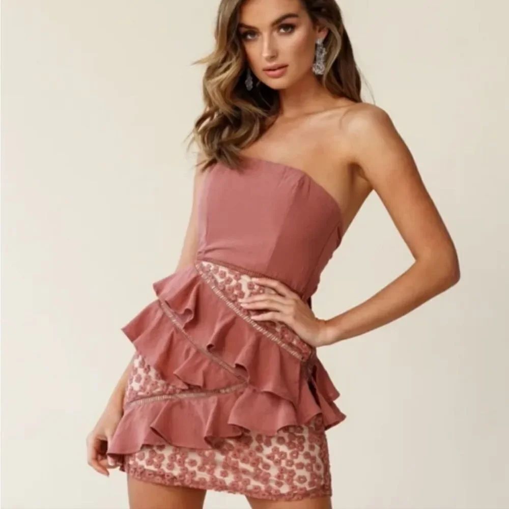 Saints and Secrets Blush Mauve Pink Strapless Ruffle Mini Dress NEW